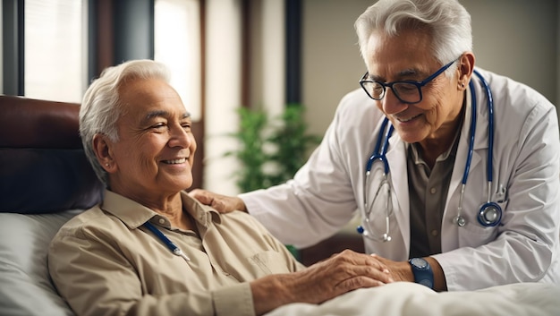 Smiling caring doctor supporting putting hand on shoulder of patient lying on bed