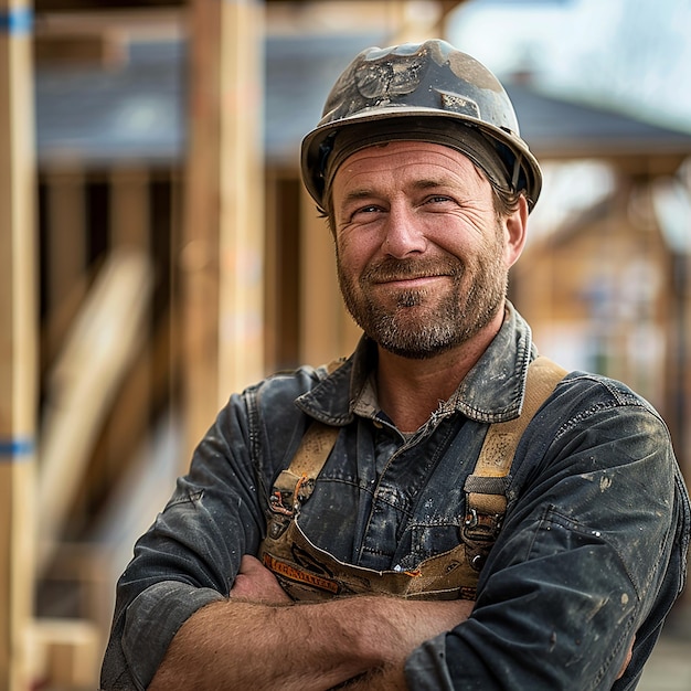 Smiling Carpenter in Work Hat and Clean Overalls with House Under Construction in Blurry Background