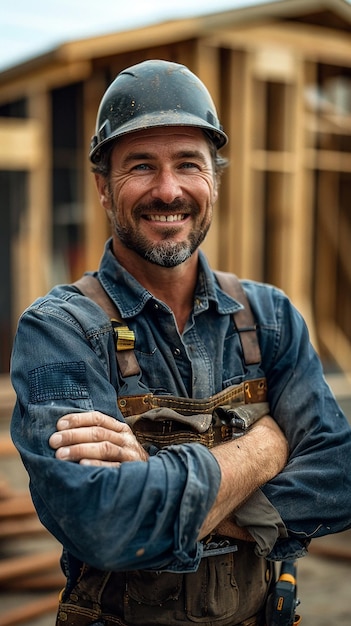 Smiling Carpenter in Work Hat and Clean Overalls with House Under Construction in Blurry Background