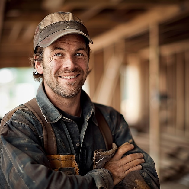 Smiling Carpenter in Work Hat and Clean Overalls with House Under Construction in Blurry Background