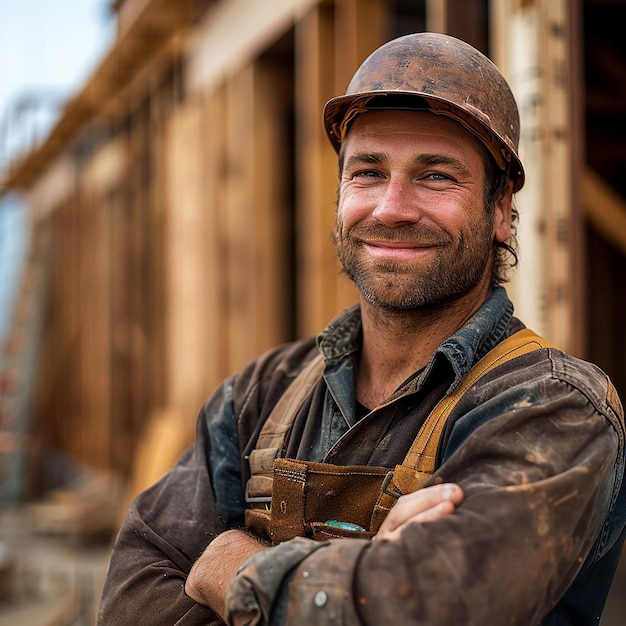 Smiling Carpenter in Work Hat and Clean Overalls with House Under Construction in Blurry Background