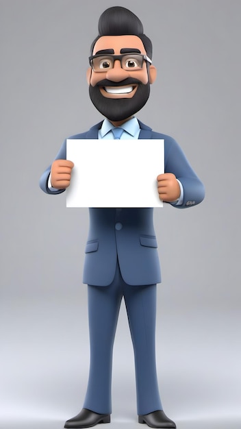 Photo smiling cartoon businessman holding blank sign