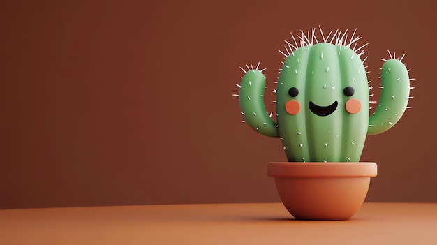 Photo a smiling cartoon cactus in a terracotta pot on a brown background