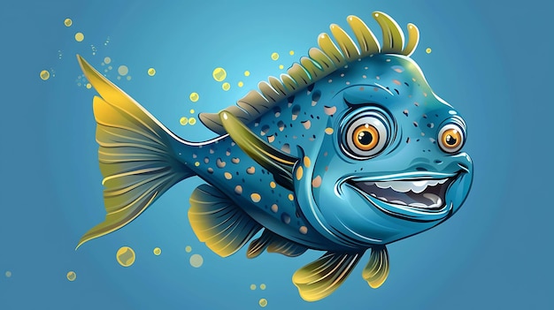 Photo smiling cartoon fish with big eyes and yellow fins swims in blue water