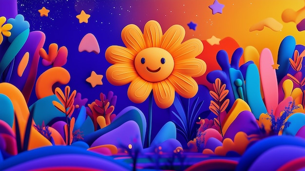 Photo smiling cartoon flower in colorful abstract landscape