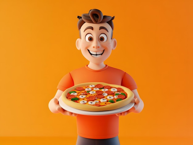 Photo smiling cartoon man holding a pizza