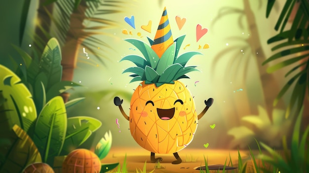 A smiling cartoon pineapple with a party hat clapping and celebrating