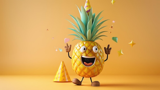 A smiling cartoon pineapple with a party hat clapping and celebrating