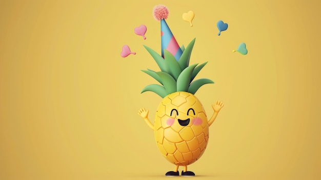 A smiling cartoon pineapple with a party hat clapping and celebrating