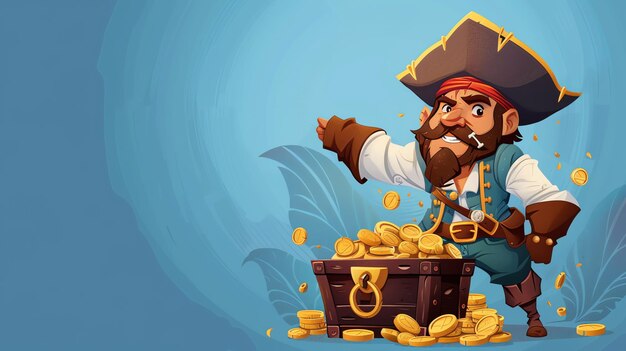 Photo smiling cartoon pirate with a treasure chest full of gold coins