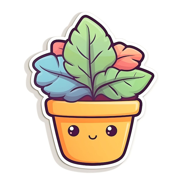 Photo smiling cartoon potted plant with green blue and red leaves