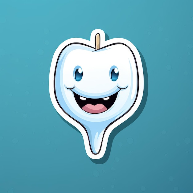 Photo smiling cartoon tooth sticker futuristic applecore design on blue background