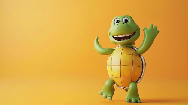 Smiling cartoon turtle character waving hello on a bright yellow background