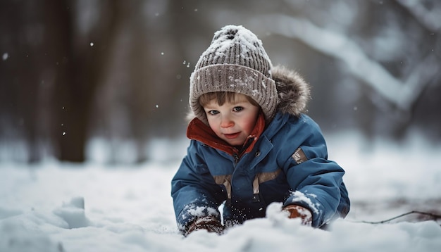 Smiling Caucasian child playing in winter wonderland generated by AI