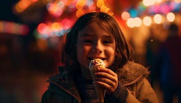 Smiling Caucasian girl enjoys winter chocolate candy gift generated by AI