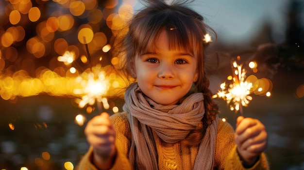 Smiling Caucasian girl with sparklers in festive bokeh lights background