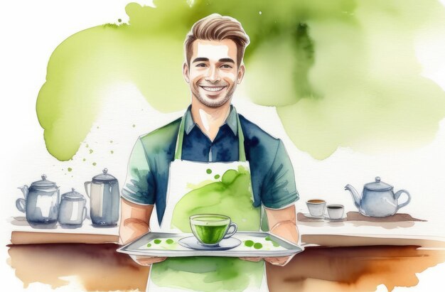 smiling Caucasian male barista with cup of Japanese matcha tea on tray watercolor illustration