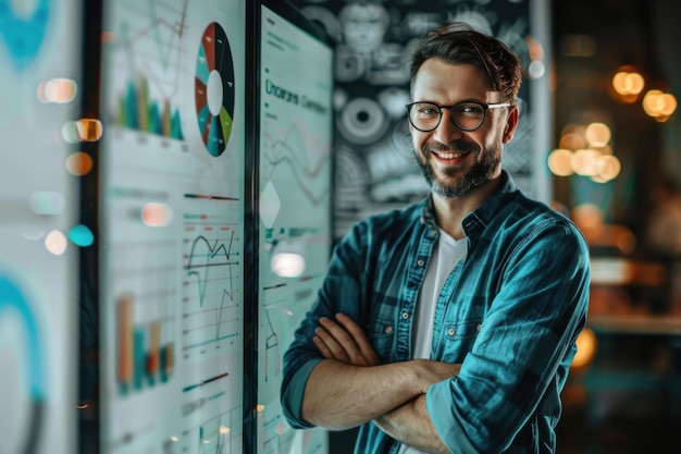 Smiling Caucasian Man Blue Shirt Analyzing Data Charts Digital Screen