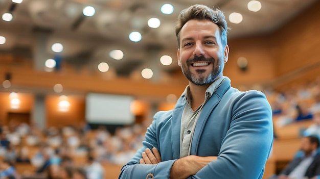 Smiling CEO at Networking Event in Blurred Social Smiling CEO networking event blurred social