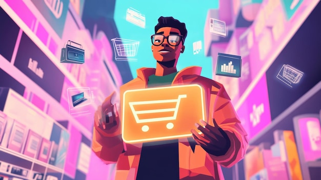 Smiling Character Holding Glowing Shopping Icon Surrounded by Products on Solid Background