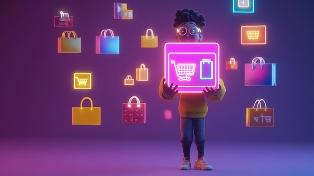 Smiling Character Holding Glowing Shopping Icon Surrounded by Products on Solid Background