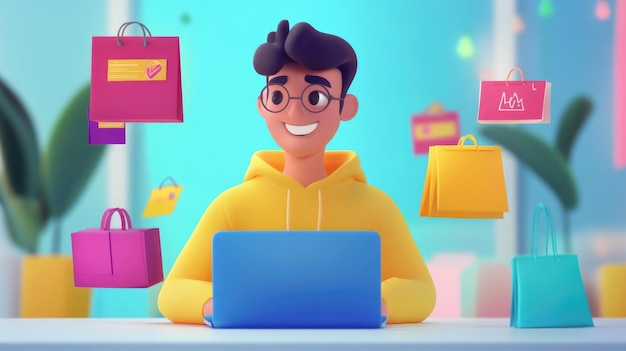 Smiling Character Using Laptop with Digital Shopping Mall Interface on Solid Background