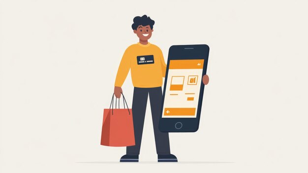 Smiling Character with Credit Card and Shopping Bag for Online Shopping Concept