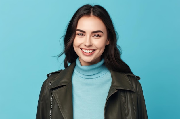 Smiling cheerful beautiful attractive young brunette woman 20s wearing basic jacket standing working on laptop pc computer looking camera isolated on bright blue colour background studio portrait