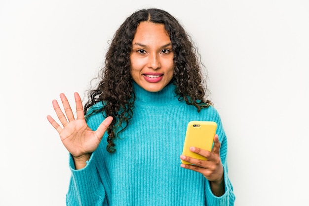 Smiling cheerful showing number five with fingers