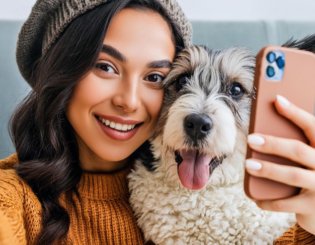 Photo smiling cheerful young woman brunette taking selfie on phone with loving dog