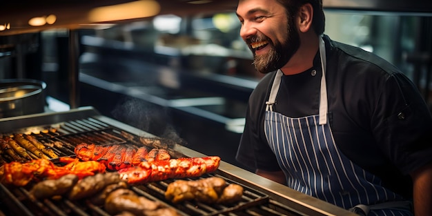 Smiling chef cooking on a grill in a bustling restaurant kitchen culinary expertise at work delicious grilled food preparation AI