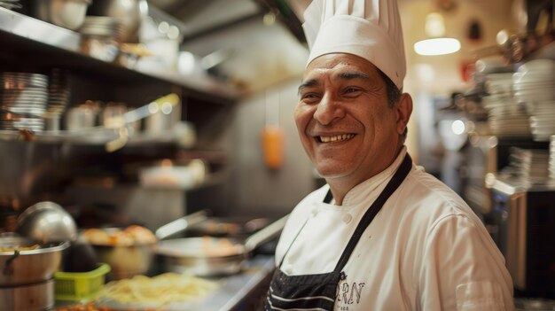 Photo smiling chef in his kitchen