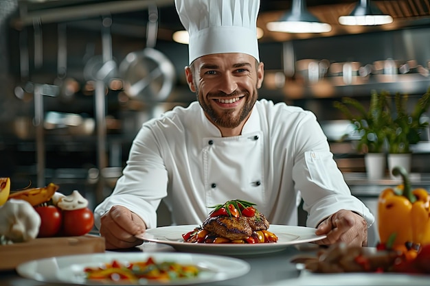 Photo smiling chef recommended main course