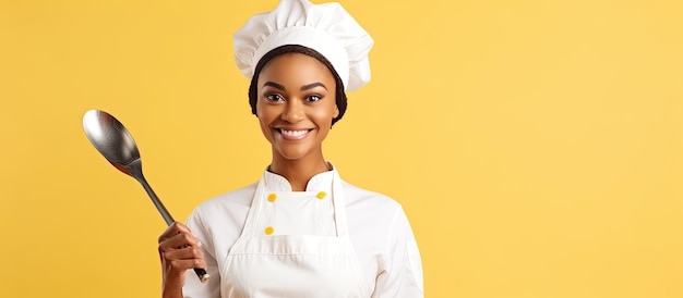 Smiling chef stirring food happy African American woman in yellow studio background