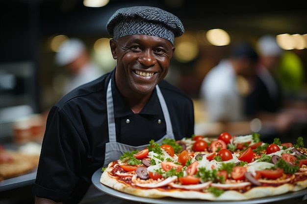 Smiling chef in traditional uniform serving delicious pizza in restaurant