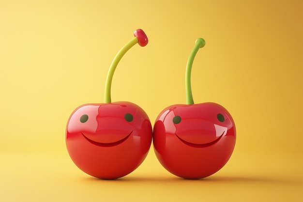 Photo smiling cherry cartoon character in 3d style with a pair of red cherries connected by a green stem generated by ai