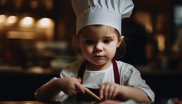 Smiling child chef learning cooking with joy generated by AI