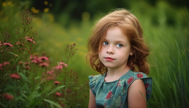 Smiling child enjoys nature beauty in meadow generated by AI