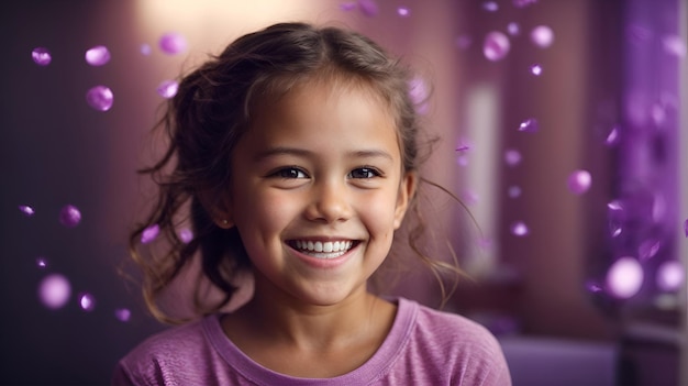 Smiling child girl advertising healthy teeth Oral hygiene product that contains purple microparticles Ai Generated