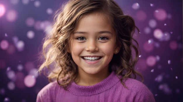 Smiling child girl advertising healthy teeth Oral hygiene product that contains purple microparticles Ai Generated