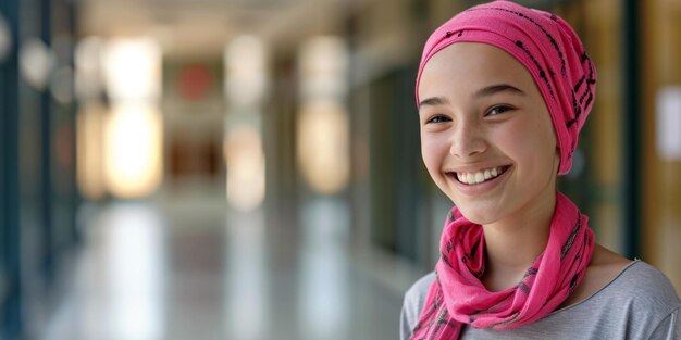 smiling child girl in headscarf cancer patient Generative AI