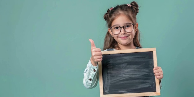 Smiling child holding chalkboard with thumbs up wearing glasses against blue background aig