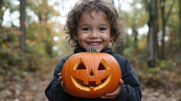 Photo smiling child holding a jackolantern in a forest