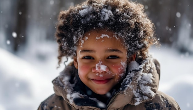 Smiling child playing in snow enjoying winter generated by AI