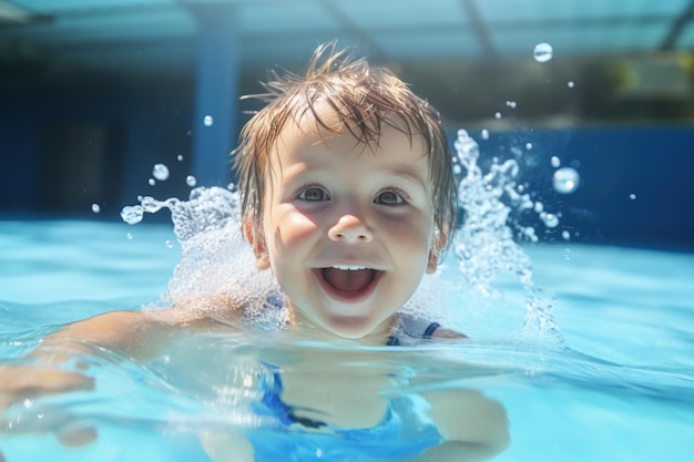 Smiling child swimming in the pool