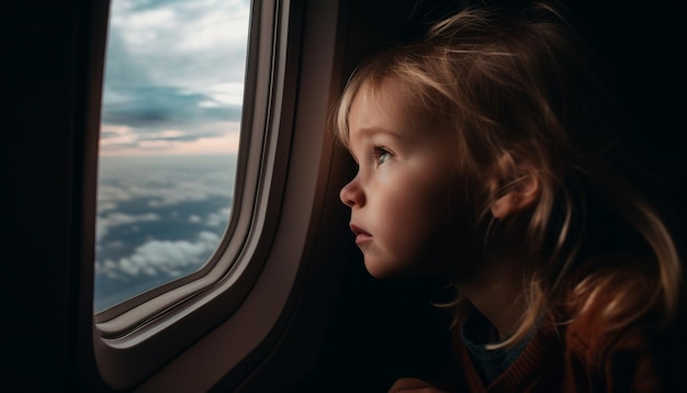 Smiling child watching sunset in airplane window generated by AI