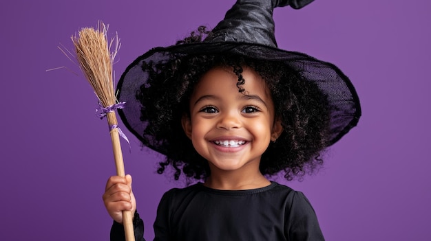 Smiling Child in Witch Costume with Broomstick on Purple Background