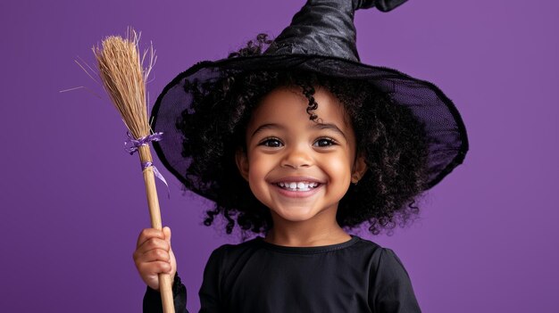 Photo smiling child in witch costume with broomstick on purple background