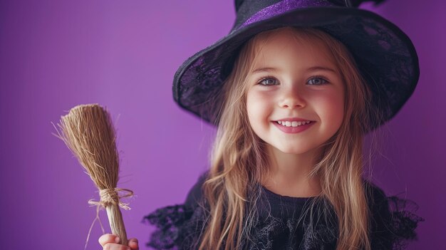 Photo smiling child in witch costume with broomstick on purple background