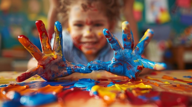 Photo smiling child with paintcovered hands engaging in a fun and messy art activity